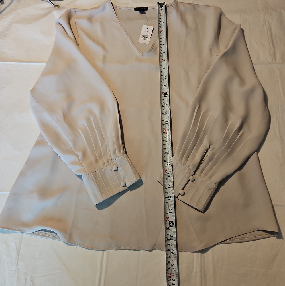 Ann Taylor Light Beige V-Neck Pleated Cuff Blouse